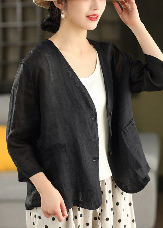 Women Coffee V Neck Pockets Striped Jacket Summer