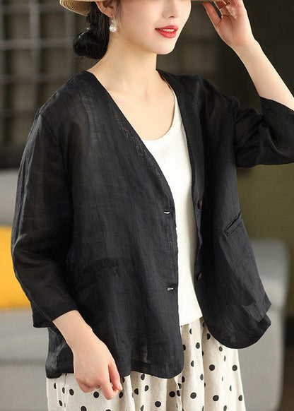 Women Coffee V Neck Pockets Striped Jacket Summer