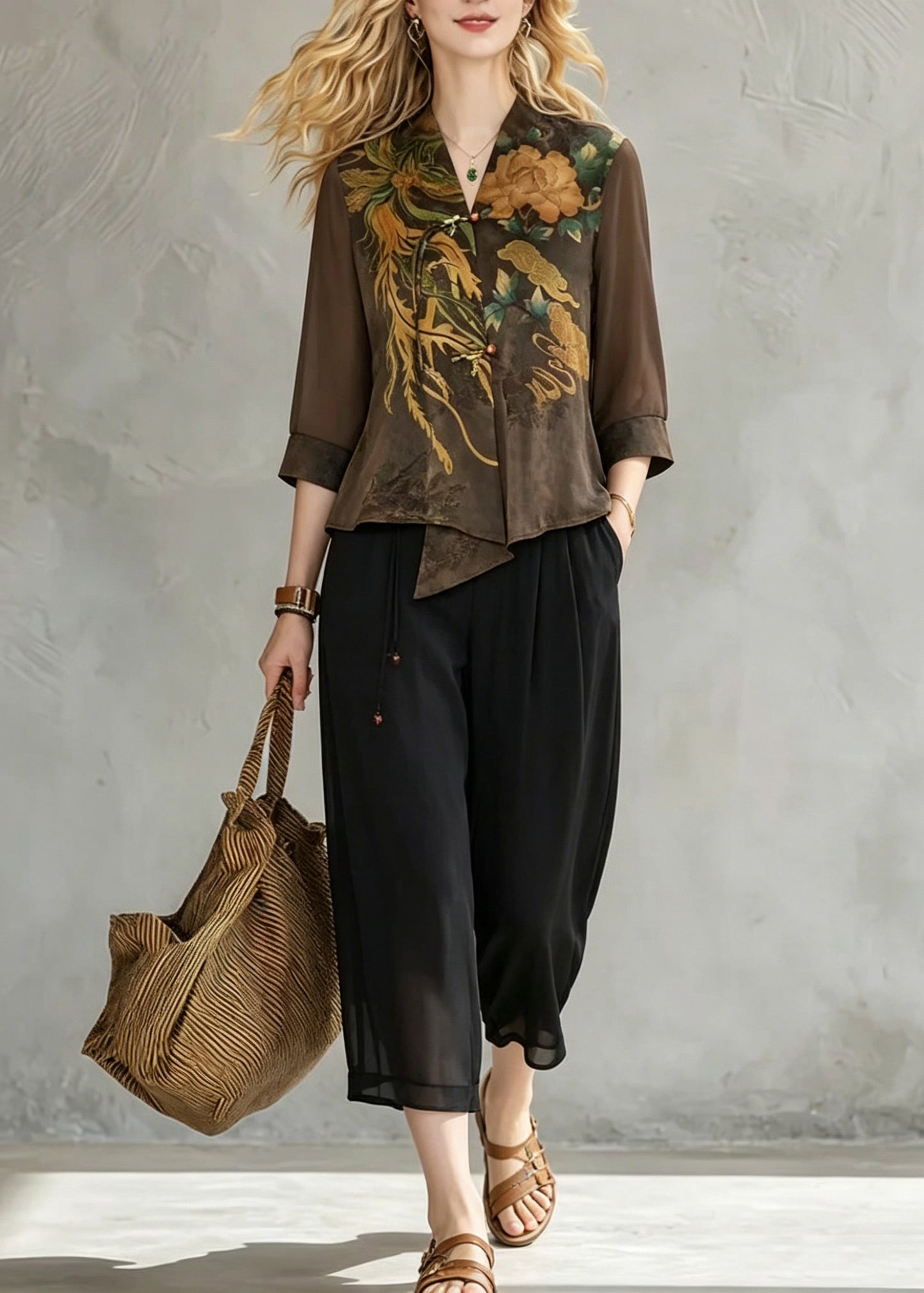 Women Coffee V Neck Print Chiffon Tops And Crop Pants Fall