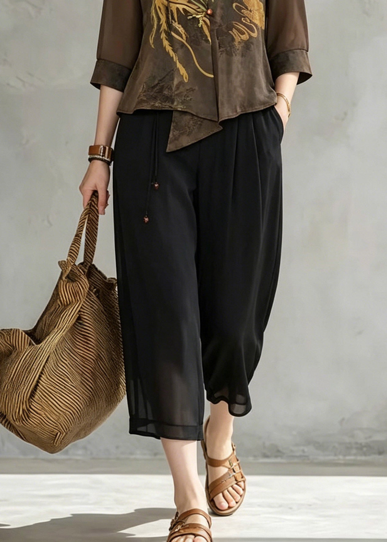 Women Coffee V Neck Print Chiffon Tops And Crop Pants Fall