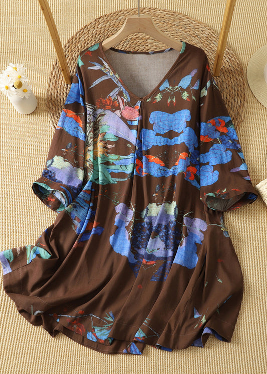 Women Coffee V Neck Print Cotton T Shirt Tops Summer