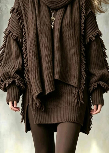 Women Coffee V Neck Tassel Knit Sweater And Scarf Two Pieces Set Fall