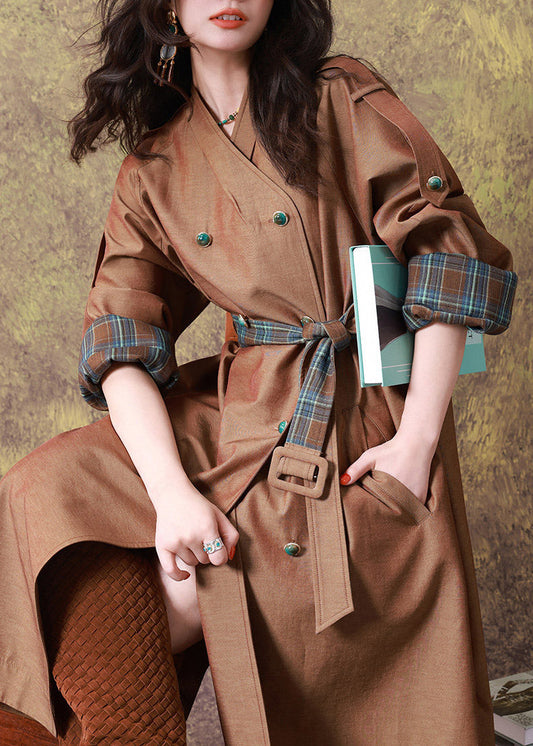 Women Coffee V Neck Tie Waist Long Trench Coat Fall