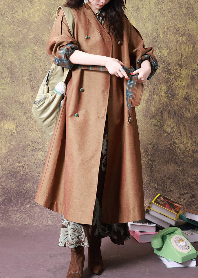 Women Coffee V Neck Tie Waist Long Trench Coat Fall