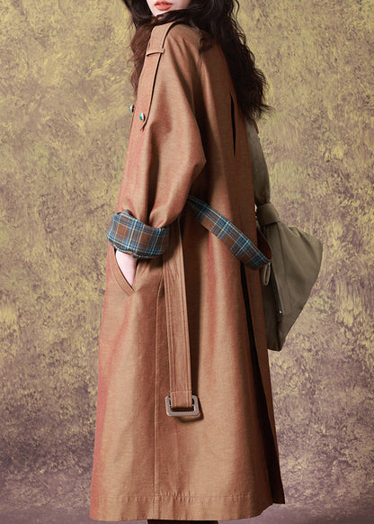 Women Coffee V Neck Tie Waist Long Trench Coat Fall