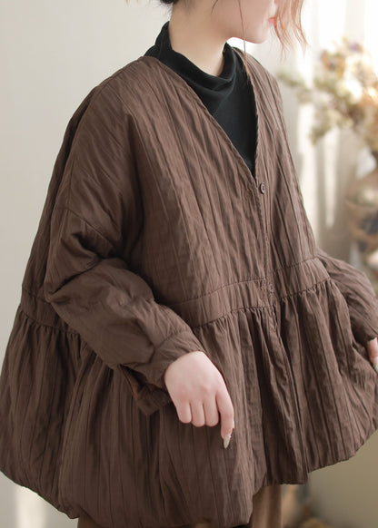 Women Coffee V Neck Wrinkled Fine Cotton Filled Coats Winter