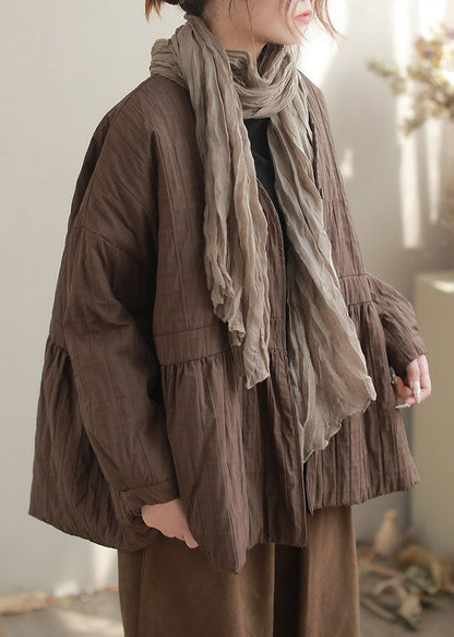 Women Coffee V Neck Wrinkled Fine Cotton Filled Coats Winter