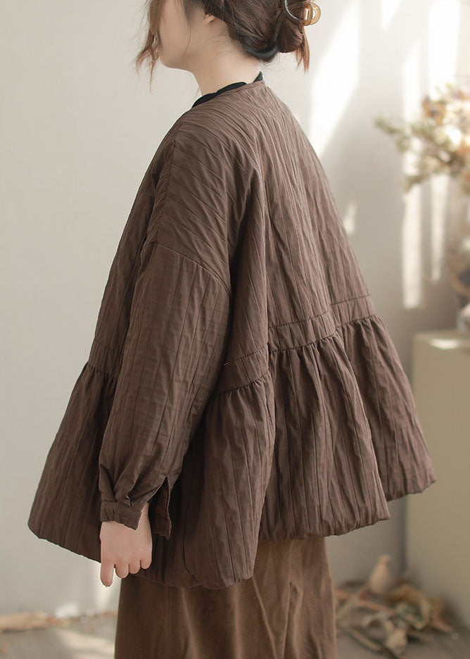 Women Coffee V Neck Wrinkled Fine Cotton Filled Coats Winter
