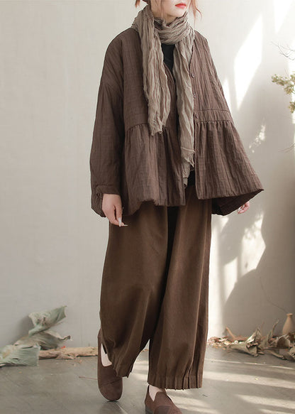 Women Coffee V Neck Wrinkled Fine Cotton Filled Coats Winter