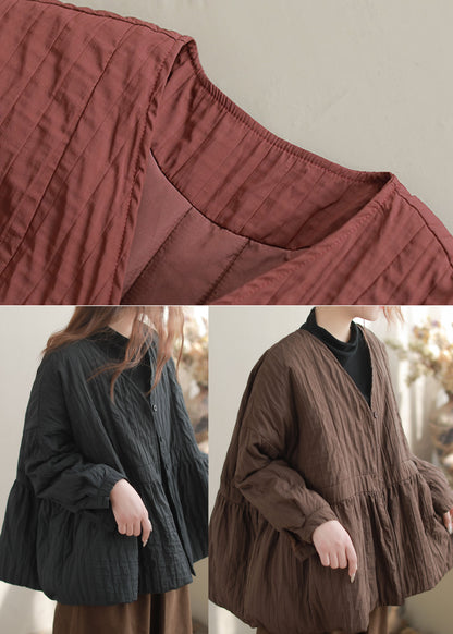 Women Coffee V Neck Wrinkled Fine Cotton Filled Coats Winter