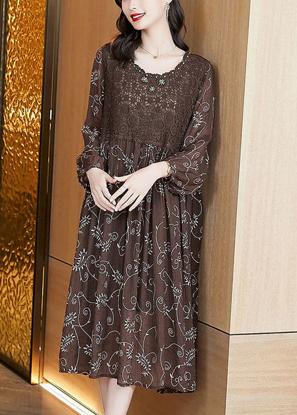 Women Chocolate Wrinkled Lace Patchwork Chiffon Loose Dresses Long Sleeve