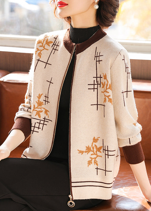 Women Coffee Zip Up Print Knit Coats Fall