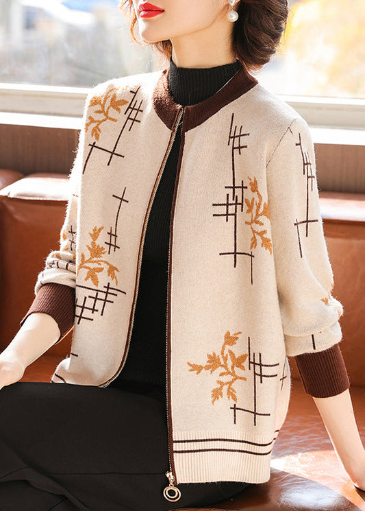 Women Coffee Zip Up Print Knit Coats Fall