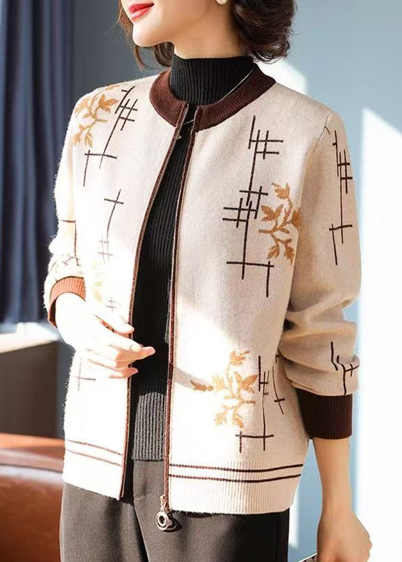 Women Coffee Zip Up Print Knit Coats Fall