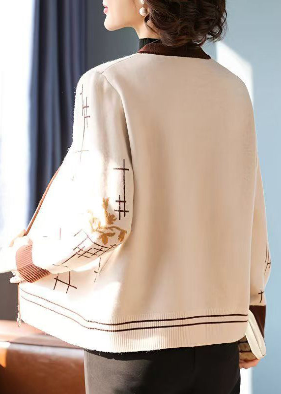 Women Coffee Zip Up Print Knit Coats Fall