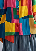 Women Colorblock Asymmetrical Applique Linen Blouses Bracelet Sleeve