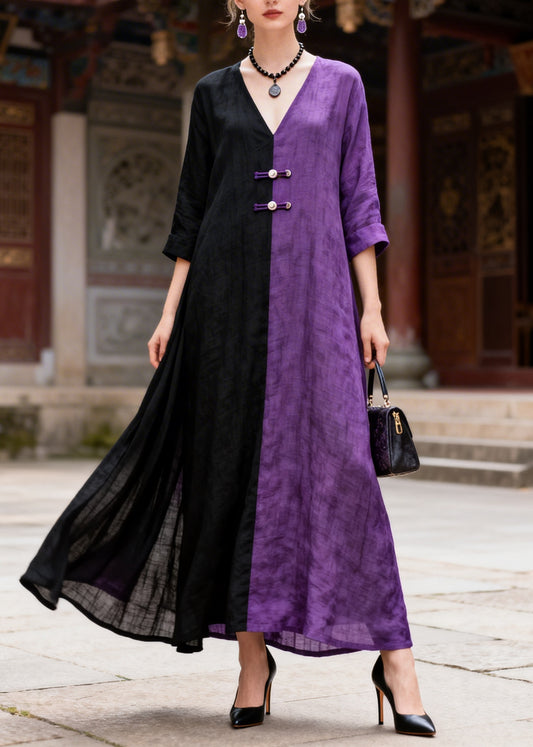 Women Colorblock Asymmetrical Patchwork Chinese Button Cotton A Line Dress Summer