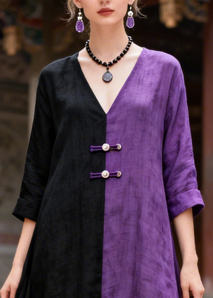 Women Colorblock Asymmetrical Patchwork Chinese Button Cotton A Line Dress Summer