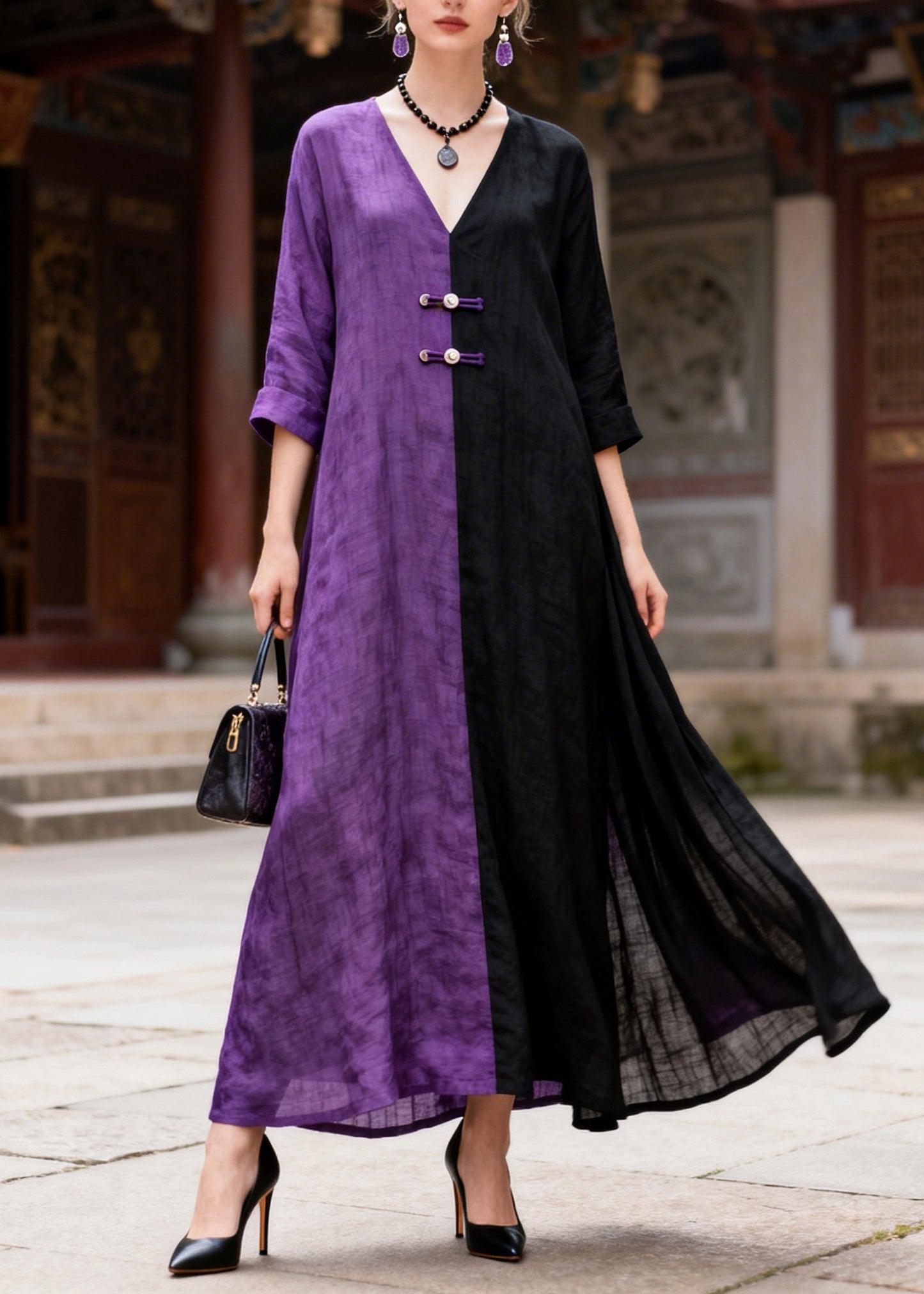 Women Colorblock Asymmetrical Patchwork Chinese Button Cotton A Line Dress Summer