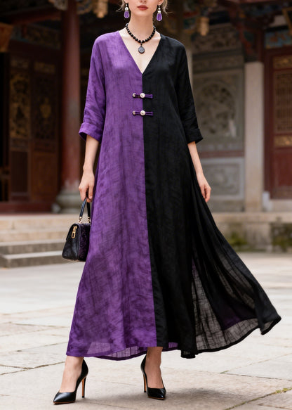 Women Colorblock Asymmetrical Patchwork Chinese Button Cotton A Line Dress Summer