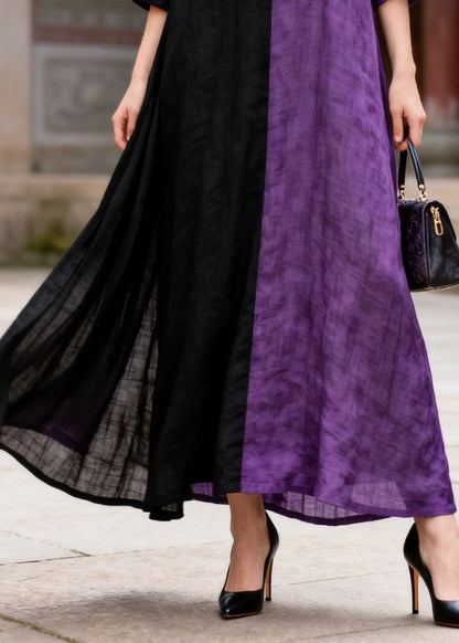 Women Colorblock Asymmetrical Patchwork Chinese Button Cotton A Line Dress Summer