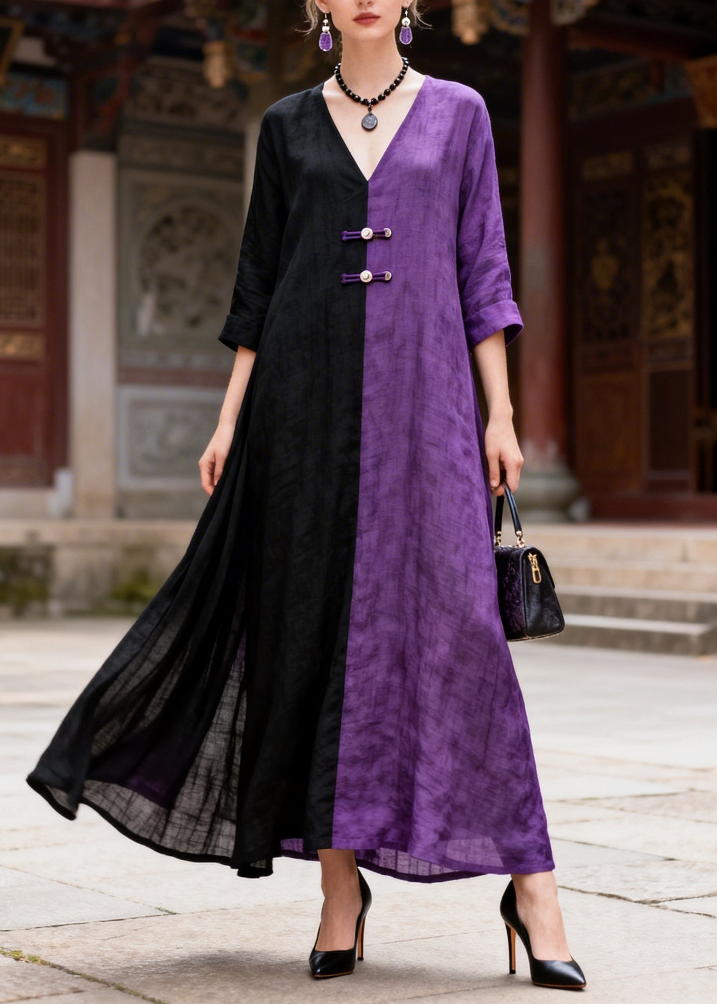 Women Colorblock Asymmetrical Patchwork Chinese Button Cotton A Line Dress Summer