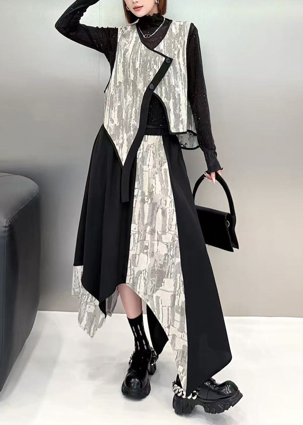 Women Colorblock Asymmetrical Patchwork Waistcoat And Skirts Two Pieces Set Fall
