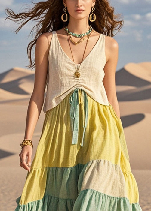 Women Colorblock Cinched Patchwork Cotton Dresses Summer