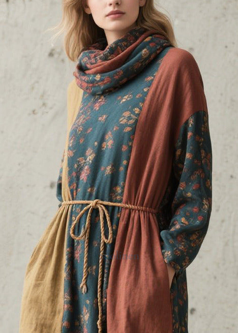 Women Colorblock Cinched Print Cotton Robe Dresses Fall