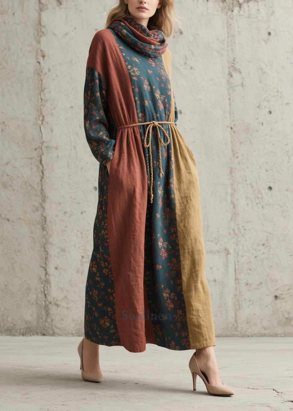 Women Colorblock Cinched Print Cotton Robe Dresses Fall
