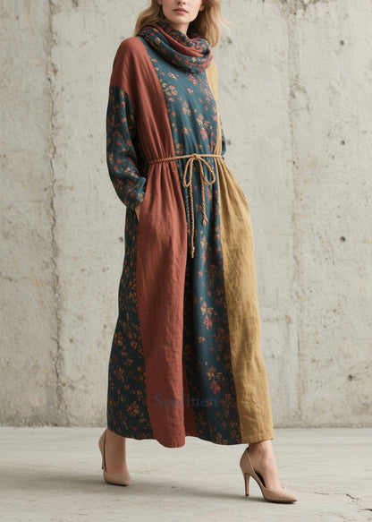 Women Colorblock Cinched Print Cotton Robe Dresses Fall
