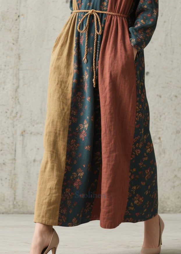 Women Colorblock Cinched Print Cotton Robe Dresses Fall