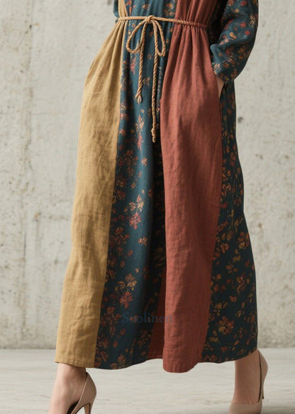 Women Colorblock Cinched Print Cotton Robe Dresses Fall