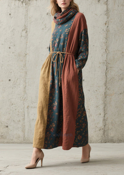 Women Colorblock Cinched Print Cotton Robe Dresses Fall