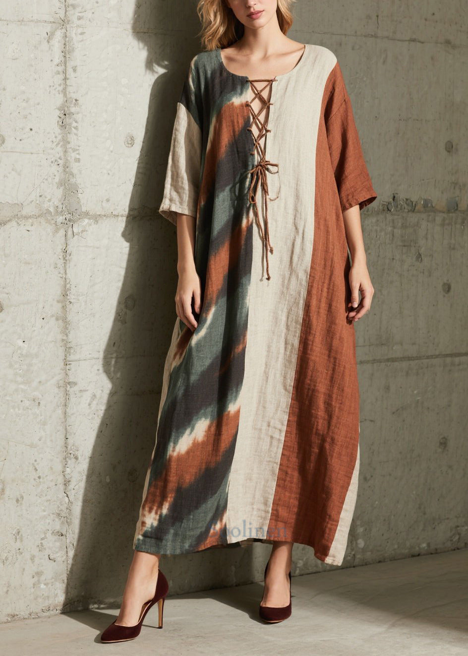 Women Colorblock Cross Strap Patchwork Cotton Dress Half Sleeve