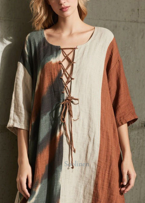 Women Colorblock Cross Strap Patchwork Cotton Dress Half Sleeve