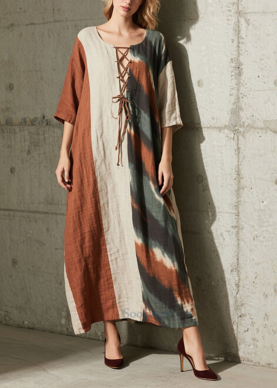 Women Colorblock Cross Strap Patchwork Cotton Dress Half Sleeve