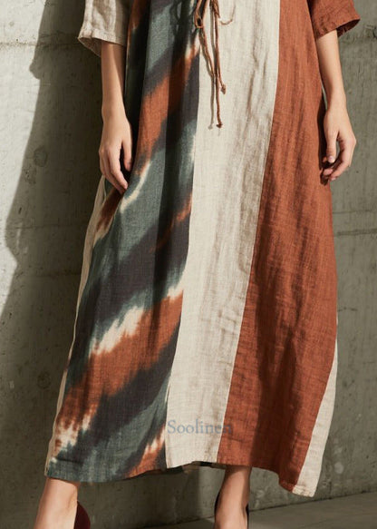 Women Colorblock Cross Strap Patchwork Cotton Dress Half Sleeve