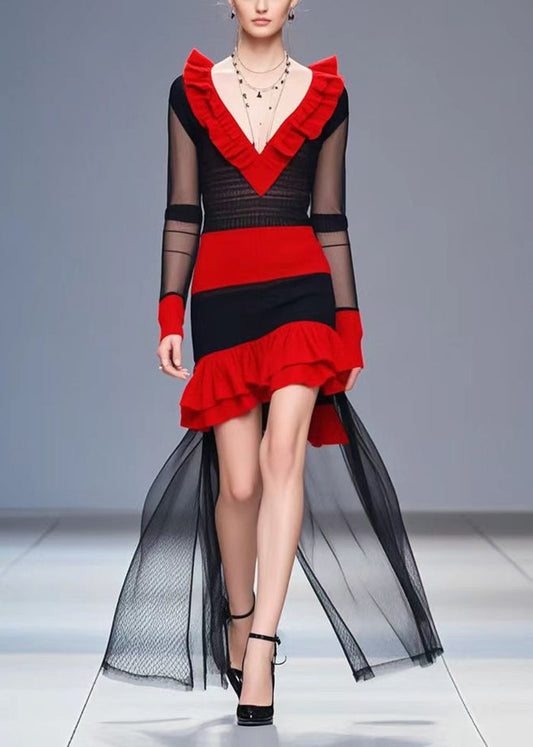 Women Colorblock Heart-shaped Neck Patchwork Tulle Knitted Dress Fall