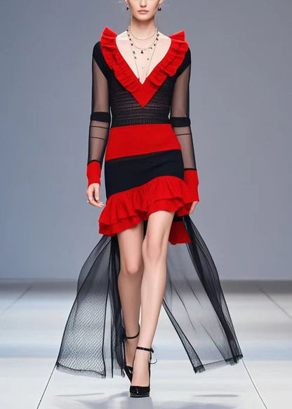 Women Colorblock Heart-shaped Neck Patchwork Tulle Knitted Dress Fall