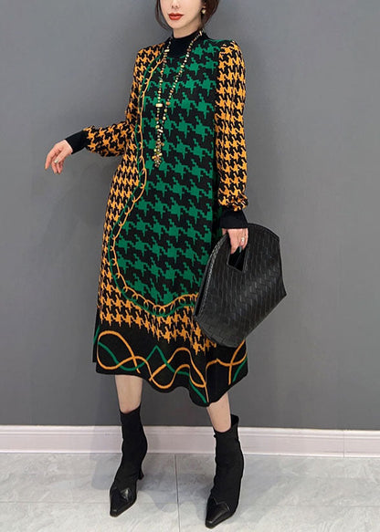 Women Colorblock Hign Neck Original Design Plaid Long Knit Dress Winter