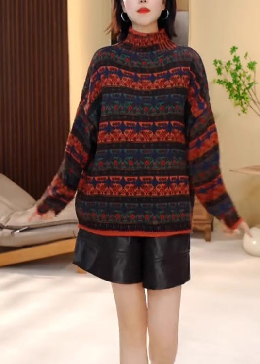 Women Colorblock Hign Neck Striped Knit Pullover Winter