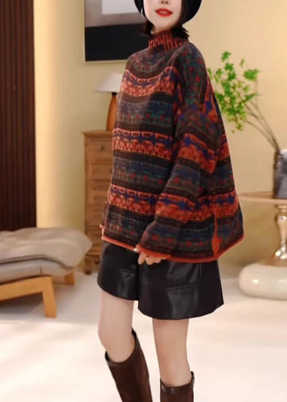 Women Colorblock Hign Neck Striped Knit Pullover Winter