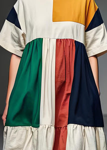 Women Colorblock O Neck Patchwork Linen Mid Dress Summer