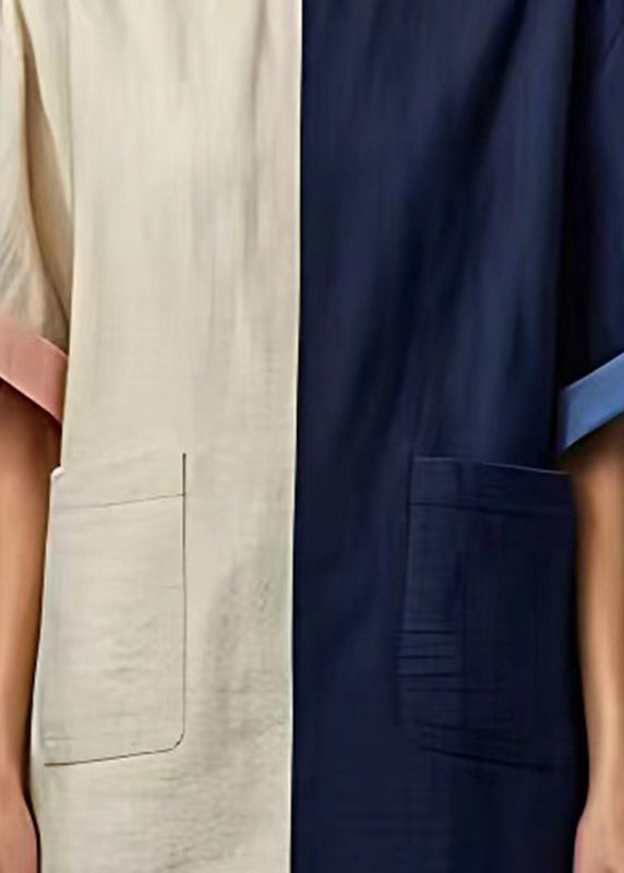 Women Colorblock Oversized Patchwork Pockets Linen Dress Summer