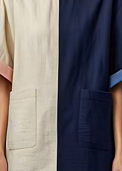 Women Colorblock Oversized Patchwork Pockets Linen Dress Summer