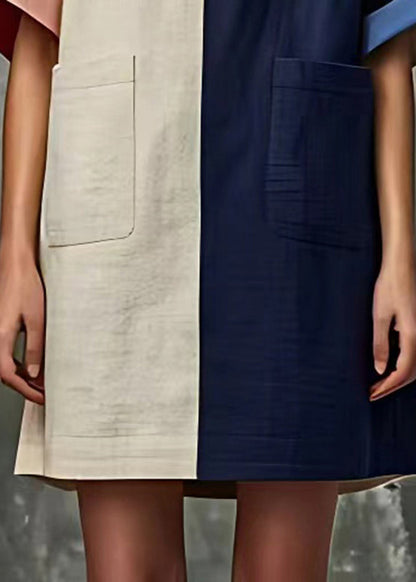Women Colorblock Oversized Patchwork Pockets Linen Dress Summer