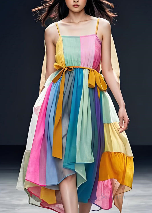 Women Colorblock Patchwork Cotton Spaghetti Strap Dress Sleeveless