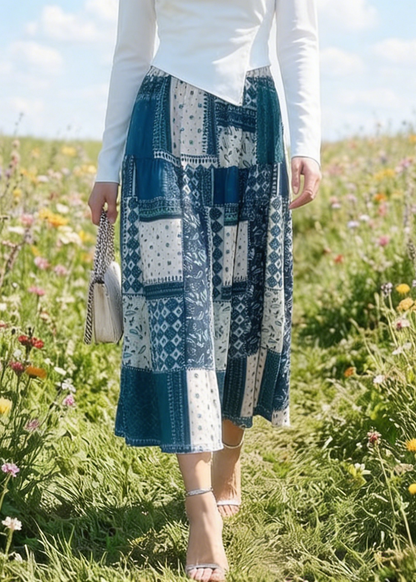 Women Colorblock Plaid Elastic Waist Cotton Skirt Summer