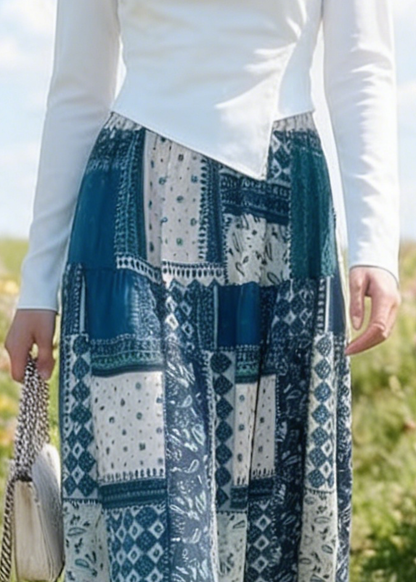 Women Colorblock Plaid Elastic Waist Cotton Skirt Summer